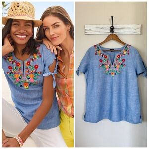 TALBOTS X 0X Embroidered Linen Popover • Floral Cotton Blend Blouse Boho Top